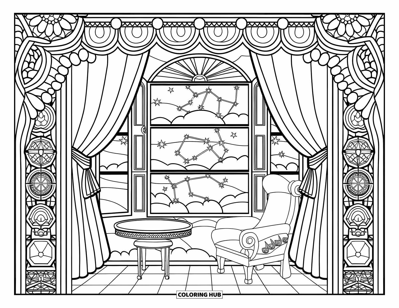Night Sky Coloring Page for Adults: A peaceful window view reveals a sky of constellations and soft clouds