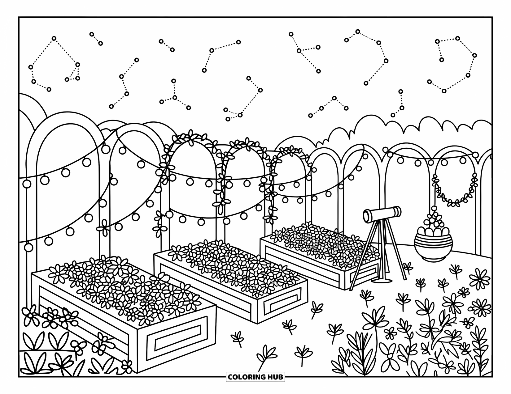 Night Sky Coloring Page for Adults: A whimsical garden path glows with fireflies and constellations over a tiny telescope