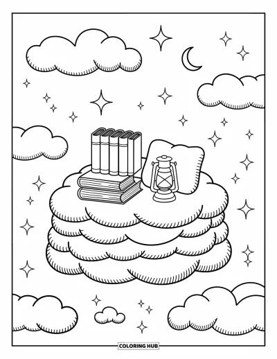 Coloriage du ciel nocturne pour adultes : Des livres et une lanterne posés sur des nuages moelleux entourés d'étoiles et d'étincelles