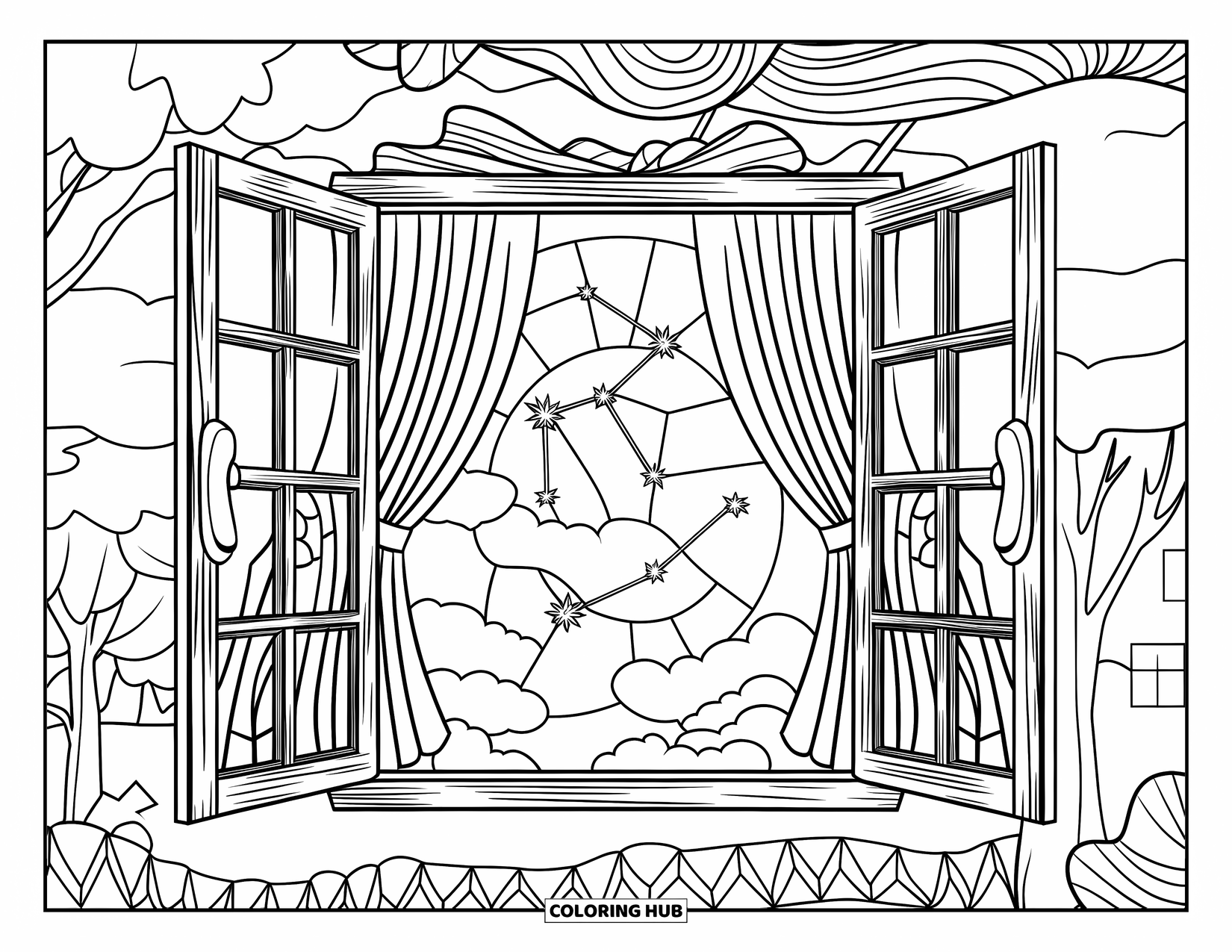 Night Sky Coloring Page for Adults: Curtains part to show a dreamy sky of stained glass constellations