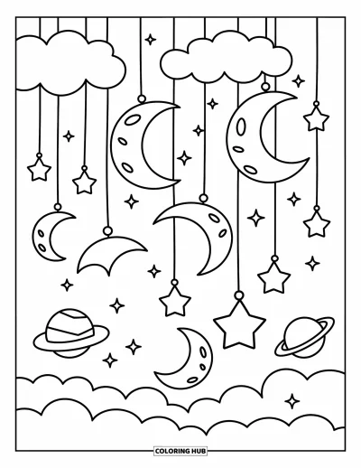 Coloriage du ciel nocturne pour adultes : Des nuages flottants portent des étoiles, des lunes et de petites planètes suspendues dans un ciel enchanté