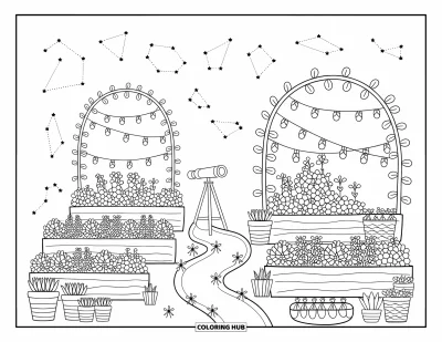 Coloriage du ciel nocturne pour adultes : Des parterres de fleurs et des lucioles brillantes mènent à un télescope niché sous des constellations scintillantes