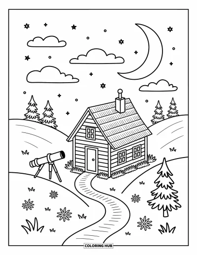 Coloriage du ciel nocturne pour adultes : Des collines et des étoiles entourent une petite cabane avec des fleurs et un sympathique télescope