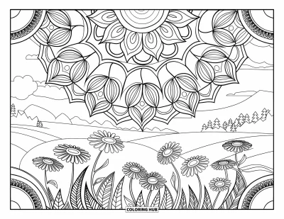 Coloriage du ciel nocturne pour adultes : Des fleurs délicates s'épanouissent sous un ciel tourbillonnant d'étoiles en forme de mandalas