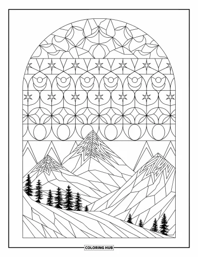 Coloriage du ciel nocturne pour adultes : Des montagnes s'élèvent sous un ciel de croissants de lune et de mandalas en forme d'étoiles