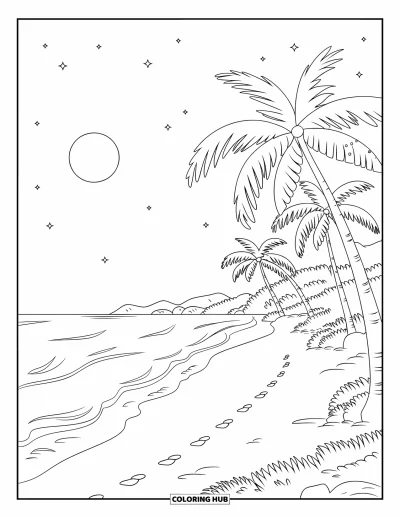 Coloriage du ciel nocturne pour adultes : Des palmiers longent une plage tranquille sous un ciel étoilé et dégagé