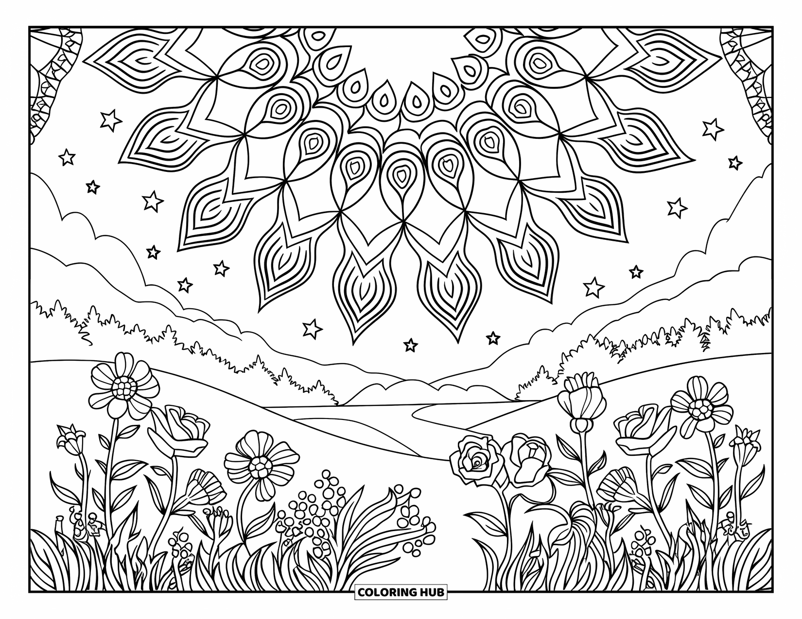 Night Sky Coloring Page for Adults: Roses and daisies bloom below a sky filled with mandala-shaped stars