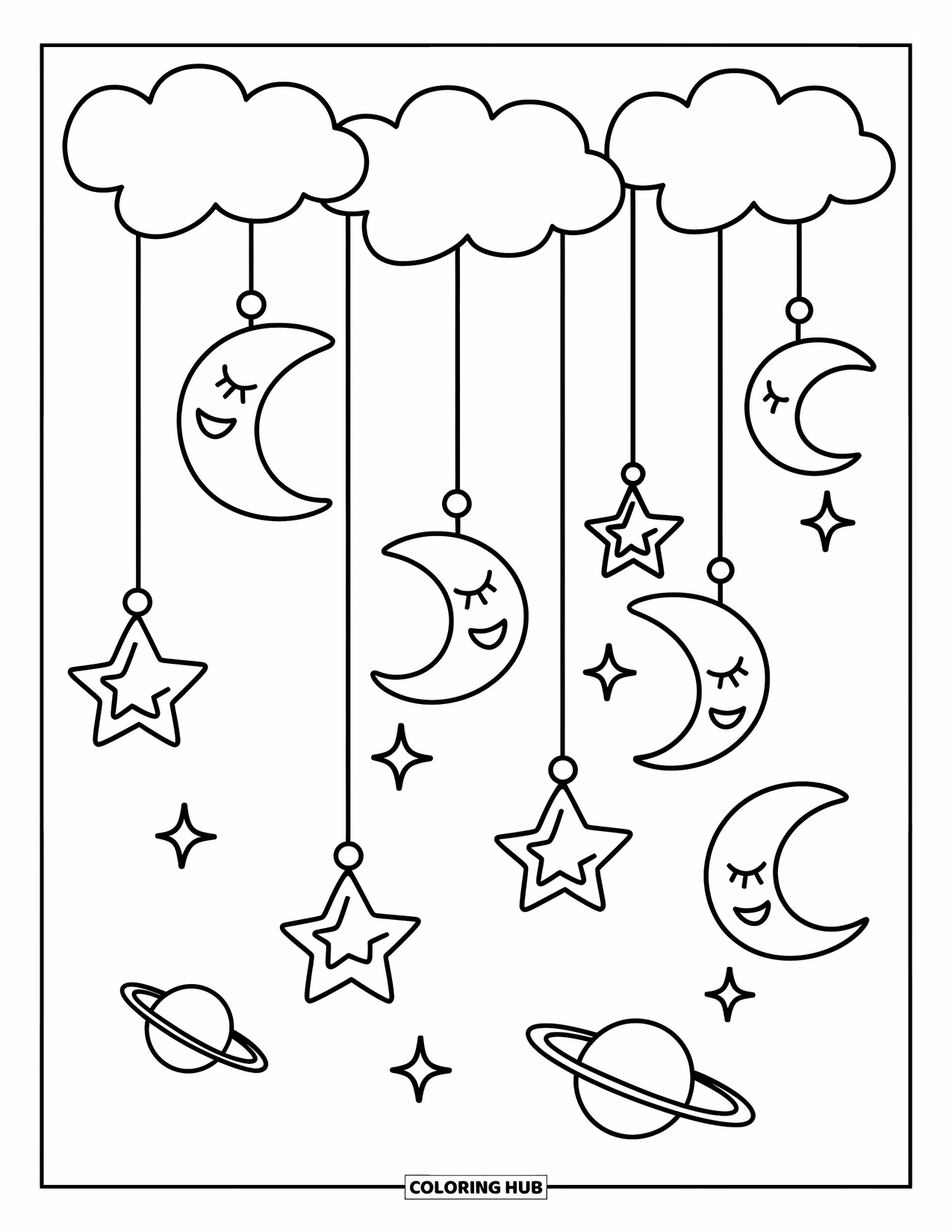 Night Sky Coloring Page for Adults: Stars, moons, and planets dangle from clouds in a dreamy hanging mobile
