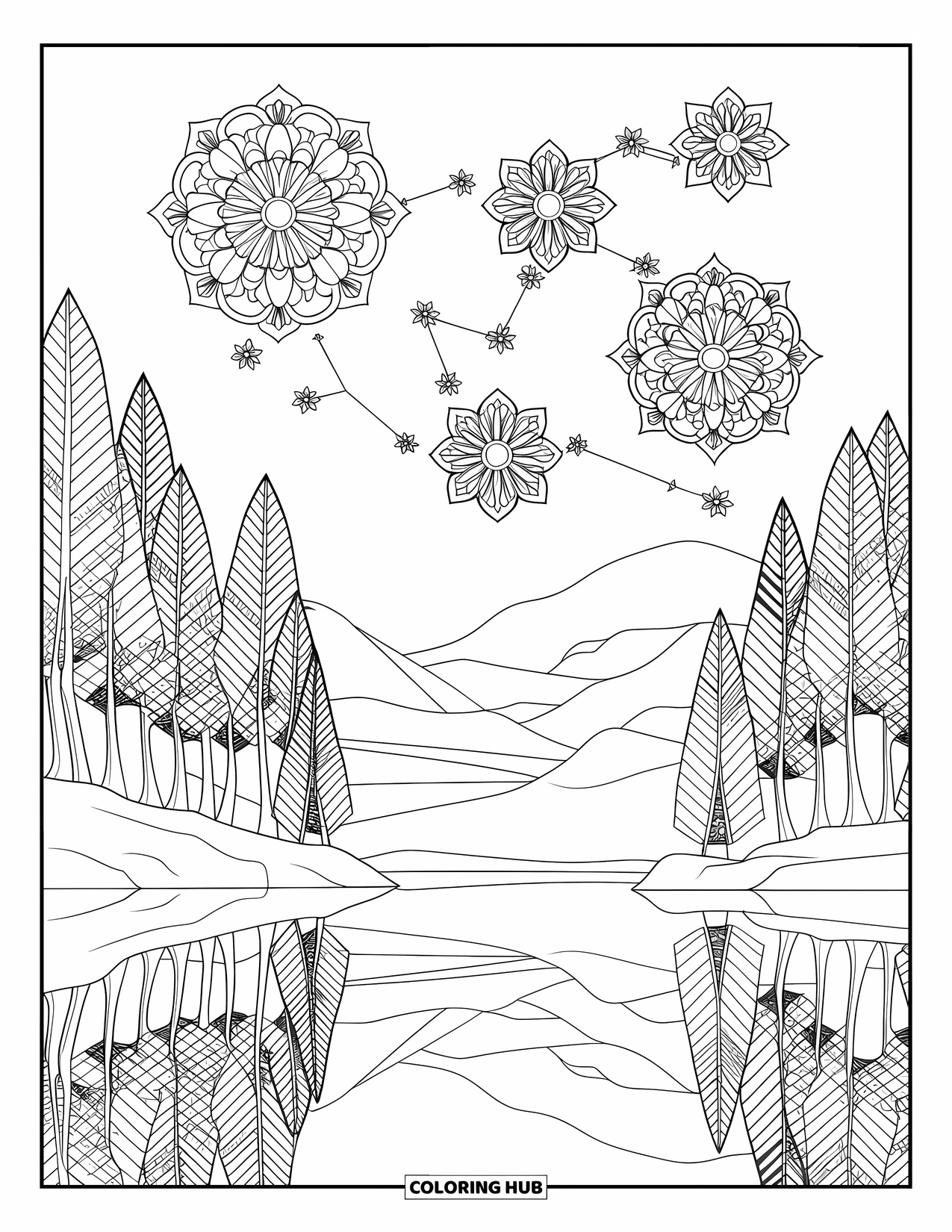 Night Sky Coloring Page for Adults: Trees and water reflect a starry sky filled with floral mandalas