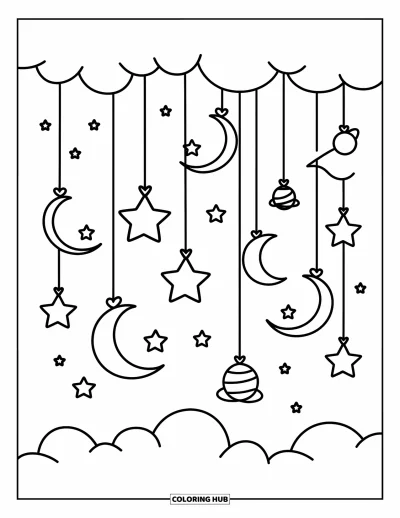 Coloriage du ciel nocturne pour adultes : Des étoiles et des lunes fantaisistes pendent de nuages moelleux avec une légère balancelle