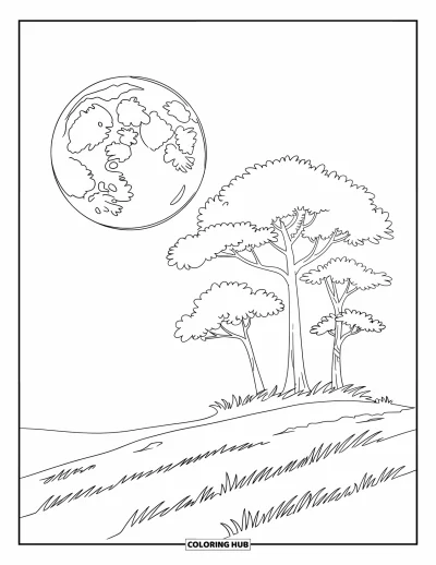 Coloriage du ciel nocturne pour enfants : Une grande lune flotte au-dessus de douces collines et d'un arbre feuillu solitaire