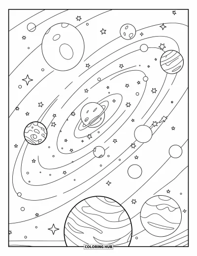 Coloriage du ciel nocturne pour enfants : Une grande étoile brille au centre d'une galaxie peuplée de lunes et de planètes