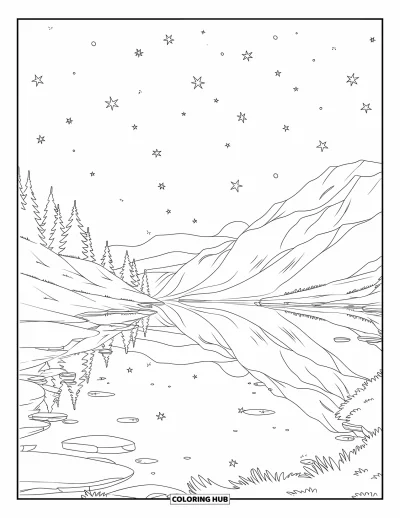 Coloriage du ciel nocturne pour enfants : Un lac calme reflète la lune et les étoiles, entouré de montagnes paisibles