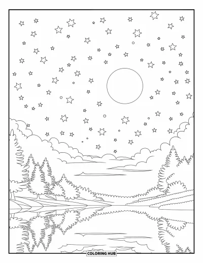 Coloriage du ciel nocturne pour enfants : Un lac calme reflétant le clair de lune, entouré d'arbres et d'un ciel serein