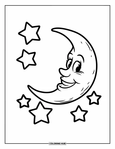 Coloriage du ciel nocturne pour enfants : Un croissant de lune joyeux sourit à côté de cinq étoiles scintillantes
