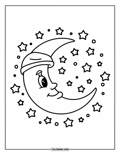 Coloriage du ciel nocturne pour enfants : Une lune souriante coiffée d'un bonnet de nuit flotte avec des étoiles dans le ciel