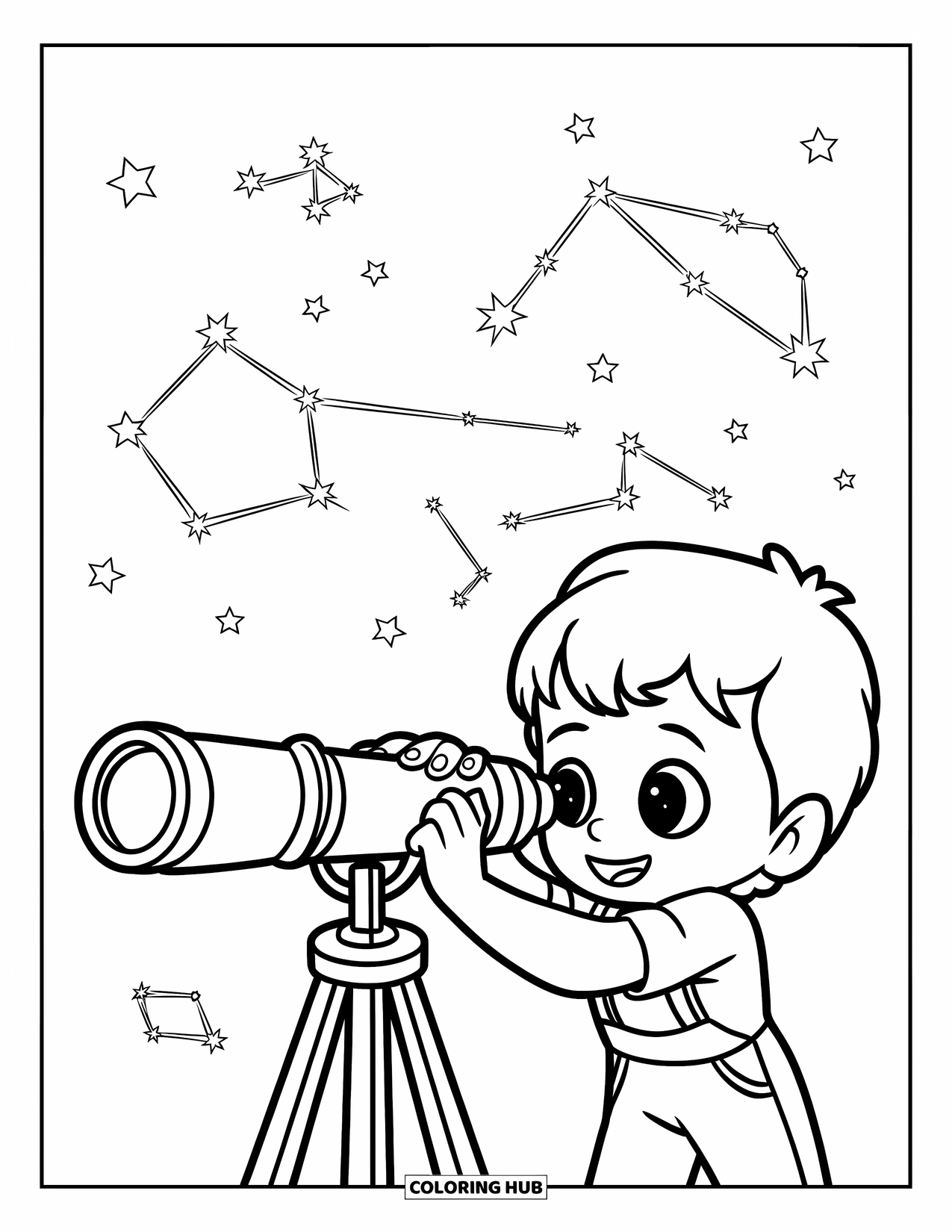 Night Sky Coloring Page for Kids: A chibi child in overalls looks through a telescope at stars in the night sky