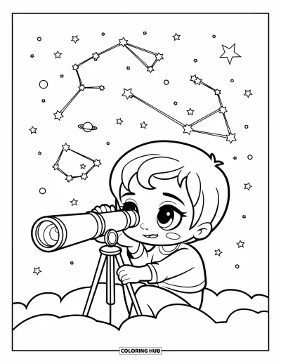 Coloriage du ciel nocturne pour enfants : Un enfant chibi assis sur un nuage observe des constellations à travers un télescope