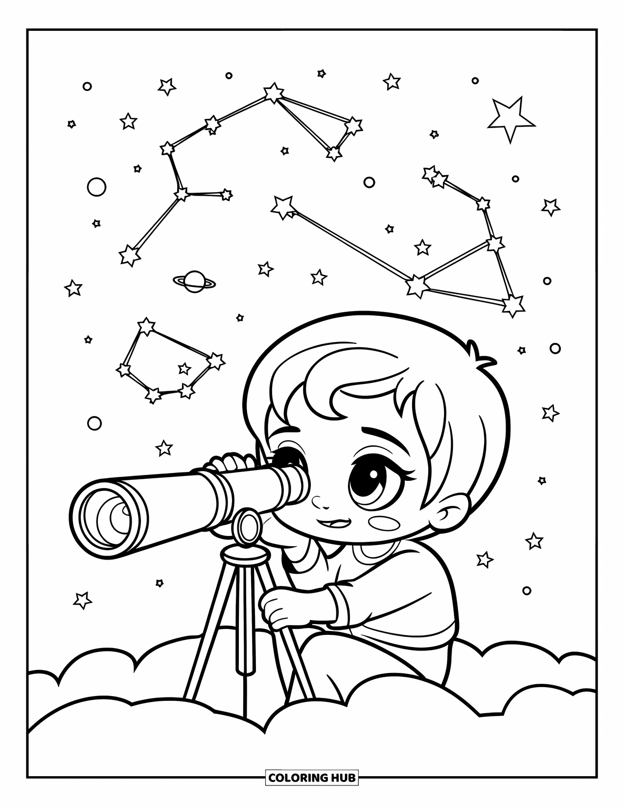Night Sky Coloring Page for Kids: A chibi child sits on a cloud, peeking through a telescope at constellations