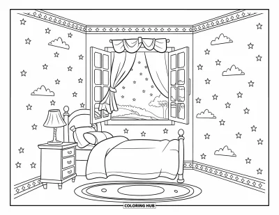Coloriage du ciel nocturne pour enfants : Une chambre douillette avec une fenêtre ouverte laissant voir un ciel plein d'étoiles