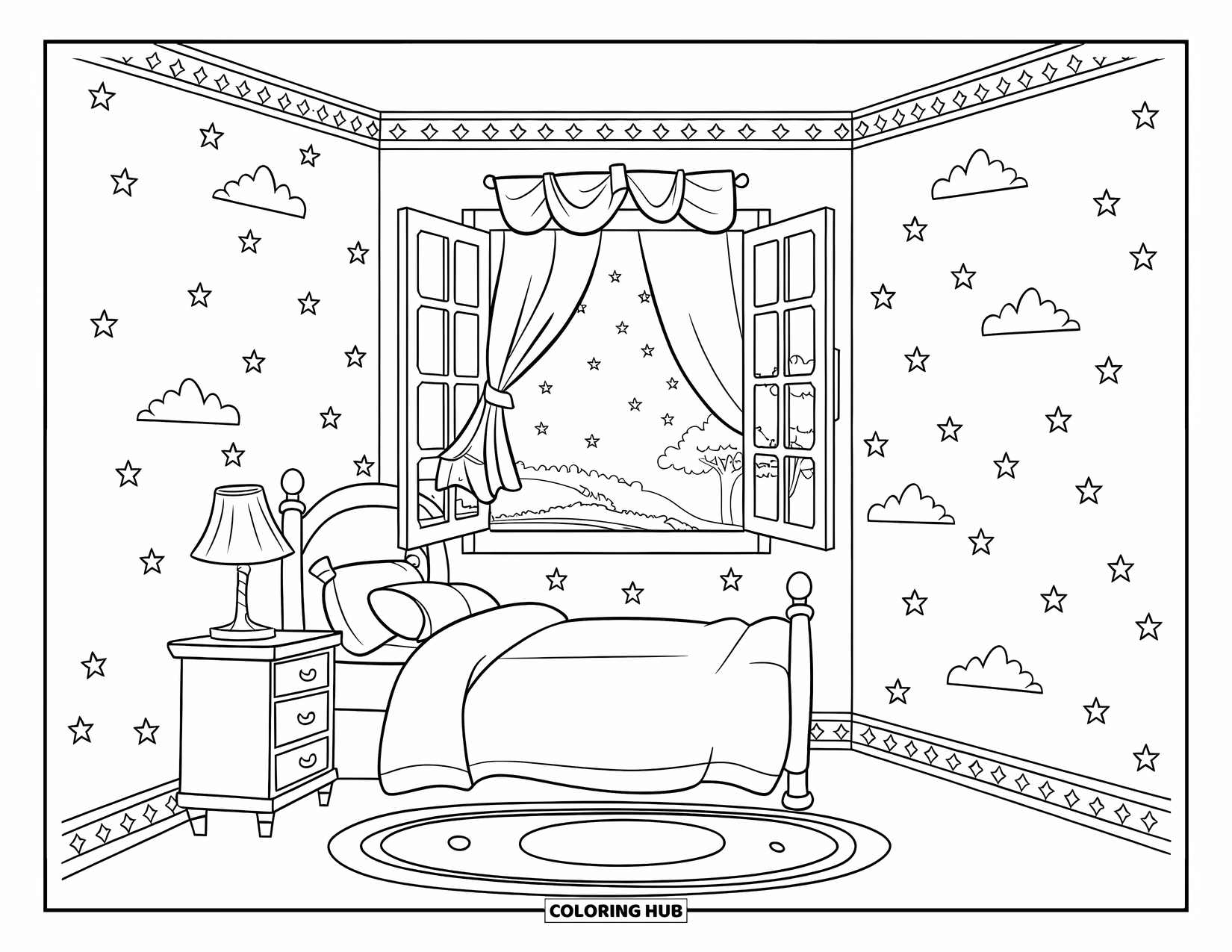 Night Sky Coloring Page for Kids: A cozy bedroom with an open window showing a sky full of stars