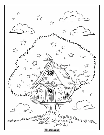 Coloriage du ciel nocturne pour enfants : Une cabane dans les arbres repose dans un ciel étoilé avec des nuages qui flottent tout autour