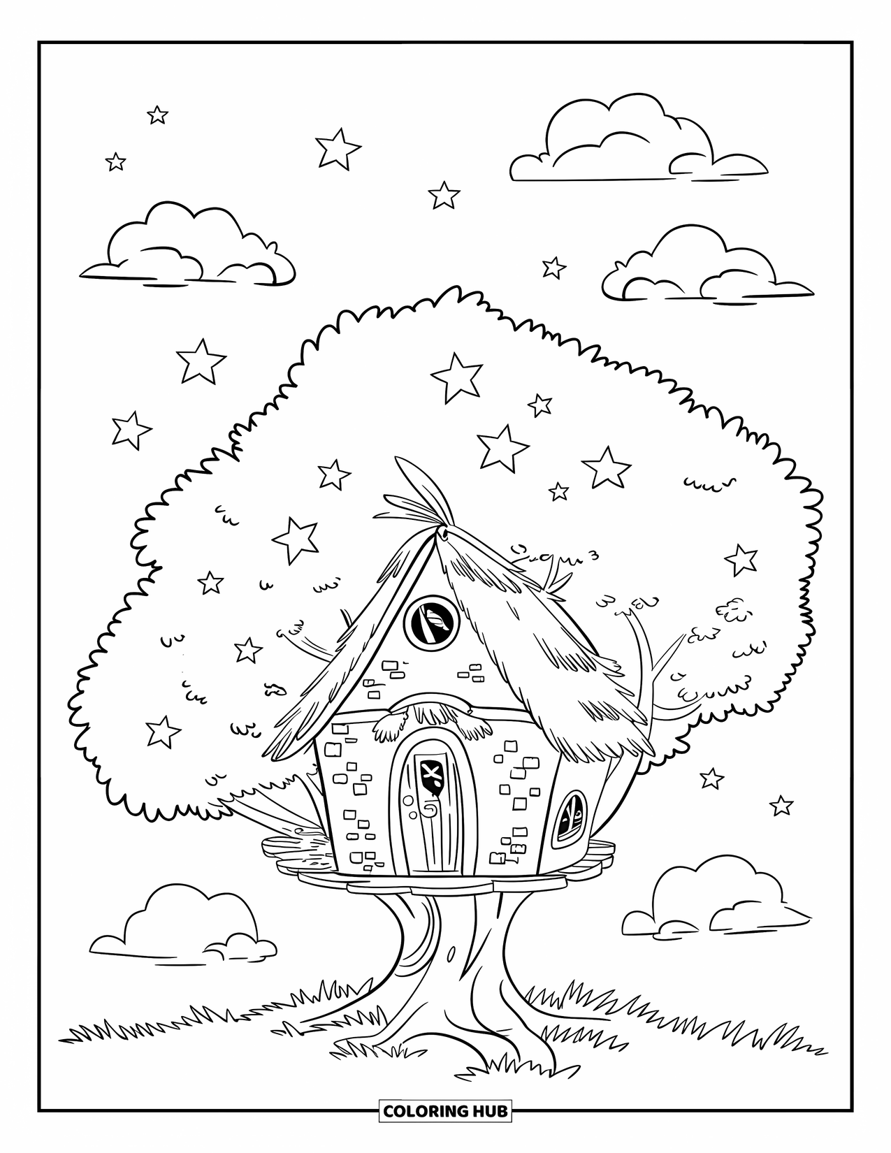 Night Sky Coloring Page for Kids: A cozy treehouse rests in a starry sky with clouds floating gently around