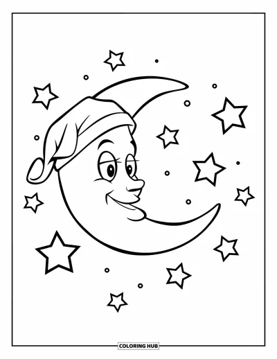 Coloriage du ciel nocturne pour enfants : Un croissant de lune coiffé d'un bonnet de nuit brille doucement parmi quelques étoiles éparpillées