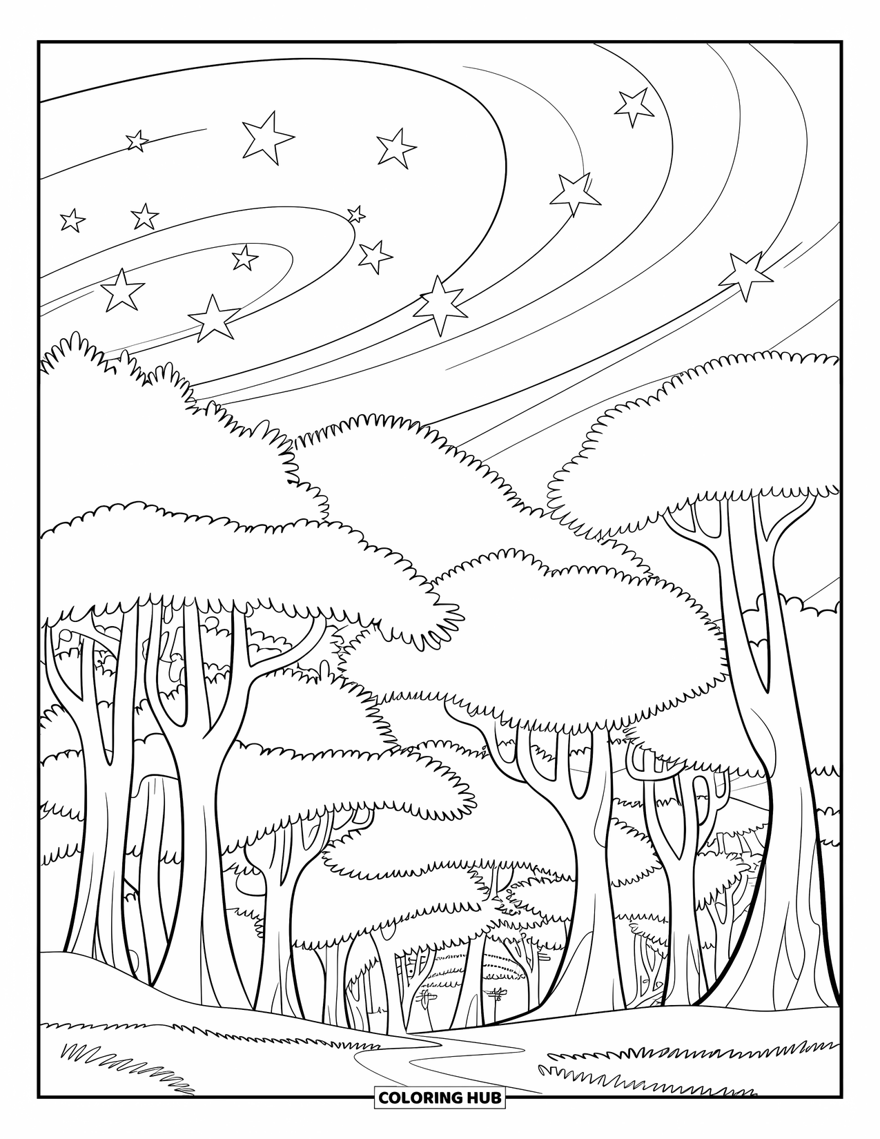 Night Sky Coloring Page for Kids: A forest path winds through tall trees under a swirling starry sky