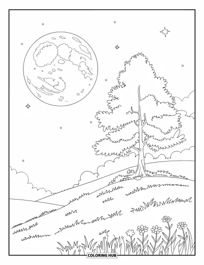Coloriage du ciel nocturne pour enfants : Une pleine lune se lève au-dessus d'une colline herbeuse avec un grand arbre