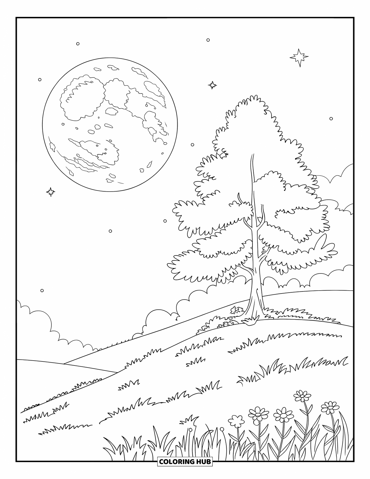 Night Sky Coloring Page for Kids: A full moon rises over a grassy hill with one tall tree