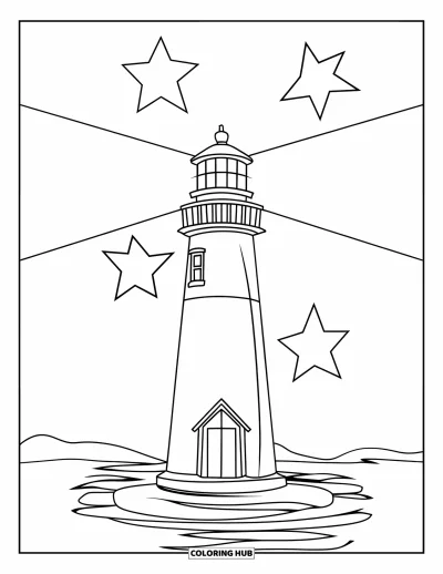 Coloriage du ciel nocturne pour enfants : Un phare lumineux se dresse sous trois grandes étoiles au bord d'eaux calmes et silencieuses