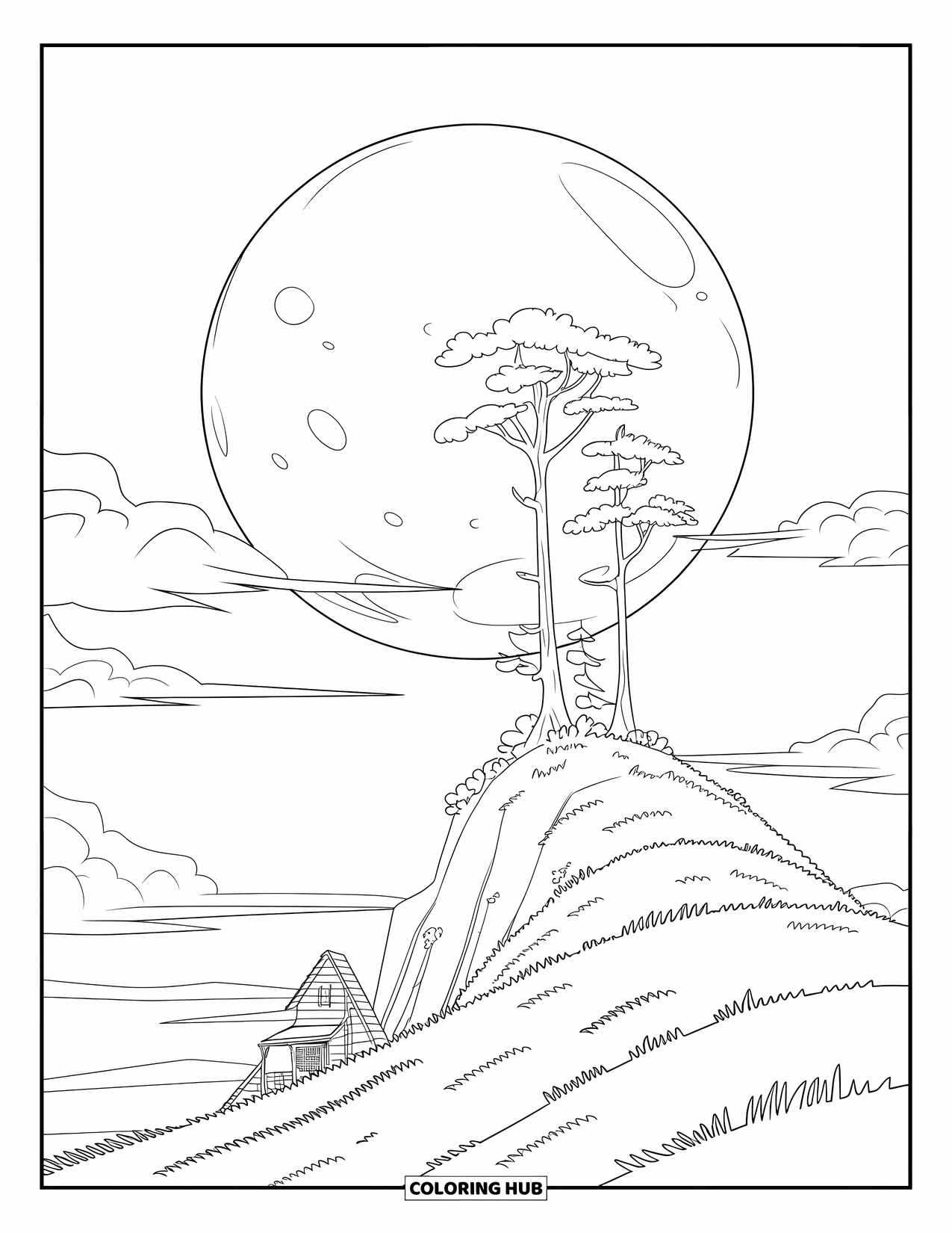 Night Sky Coloring Page for Kids: A glowing moon shines above a grassy hill with a tree and a tiny house