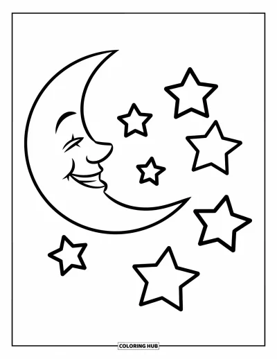 Coloriage du ciel nocturne pour enfants : Un croissant de lune souriant flotte près de cinq étoiles sur un fond blanc épuré