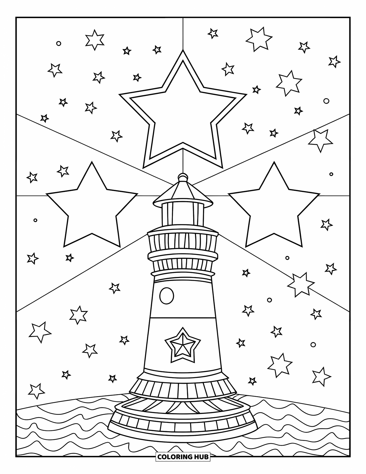Night Sky Coloring Page for Kids: A lighthouse glows under starry skies with waves gently surrounding it