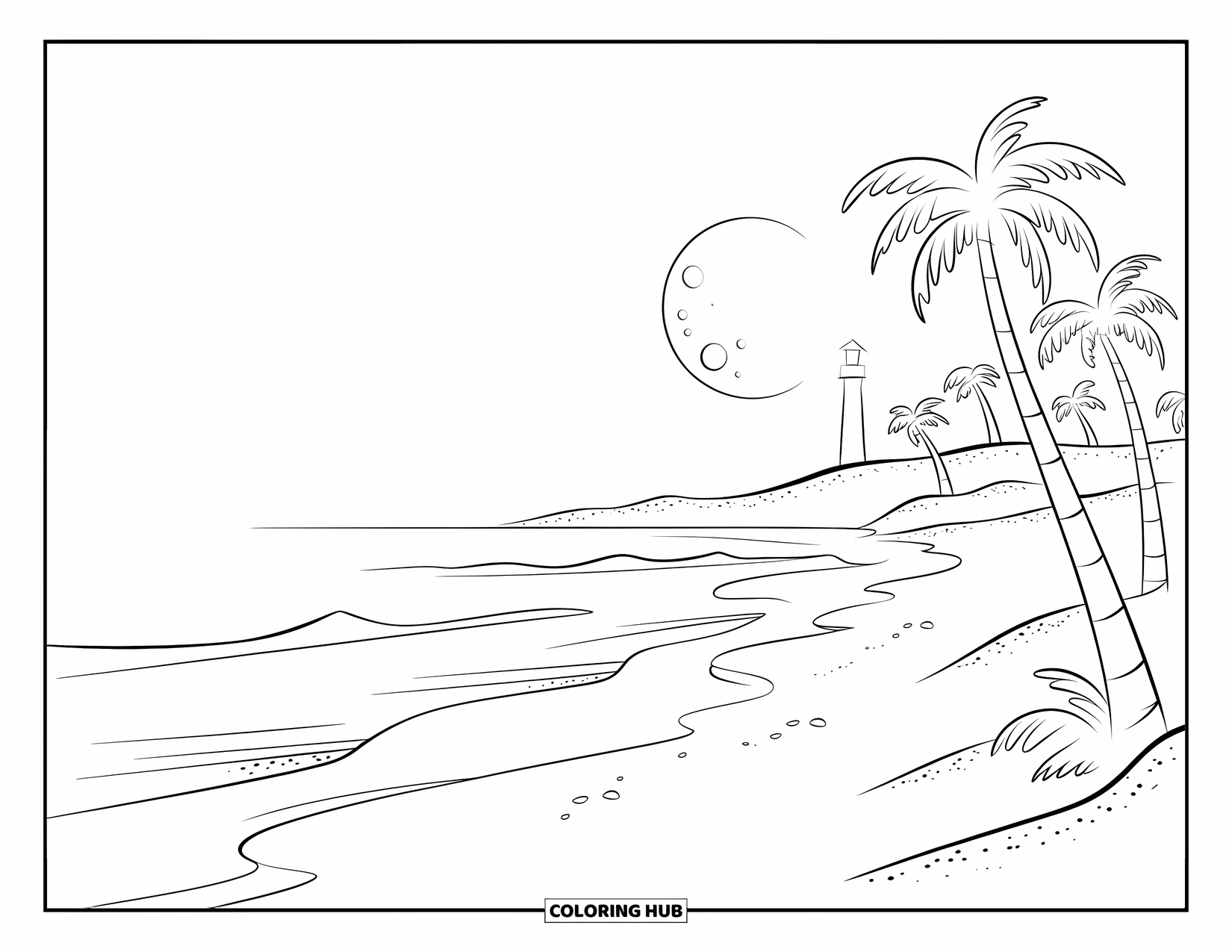 Night Sky Coloring Page for Kids: A peaceful beach with gentle waves, palm trees, and a lighthouse under the moonlight