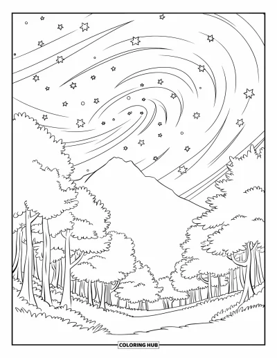 Coloriage du ciel nocturne pour enfants : Une forêt apaisante avec une herbe douce sous un ciel tourbillonnant et étoilé