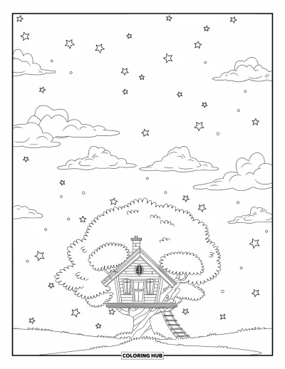 Coloriage du ciel nocturne pour enfants : Une cabane dans les arbres baigne dans une douce lumière sous les étoiles et des nuages qui dérivent