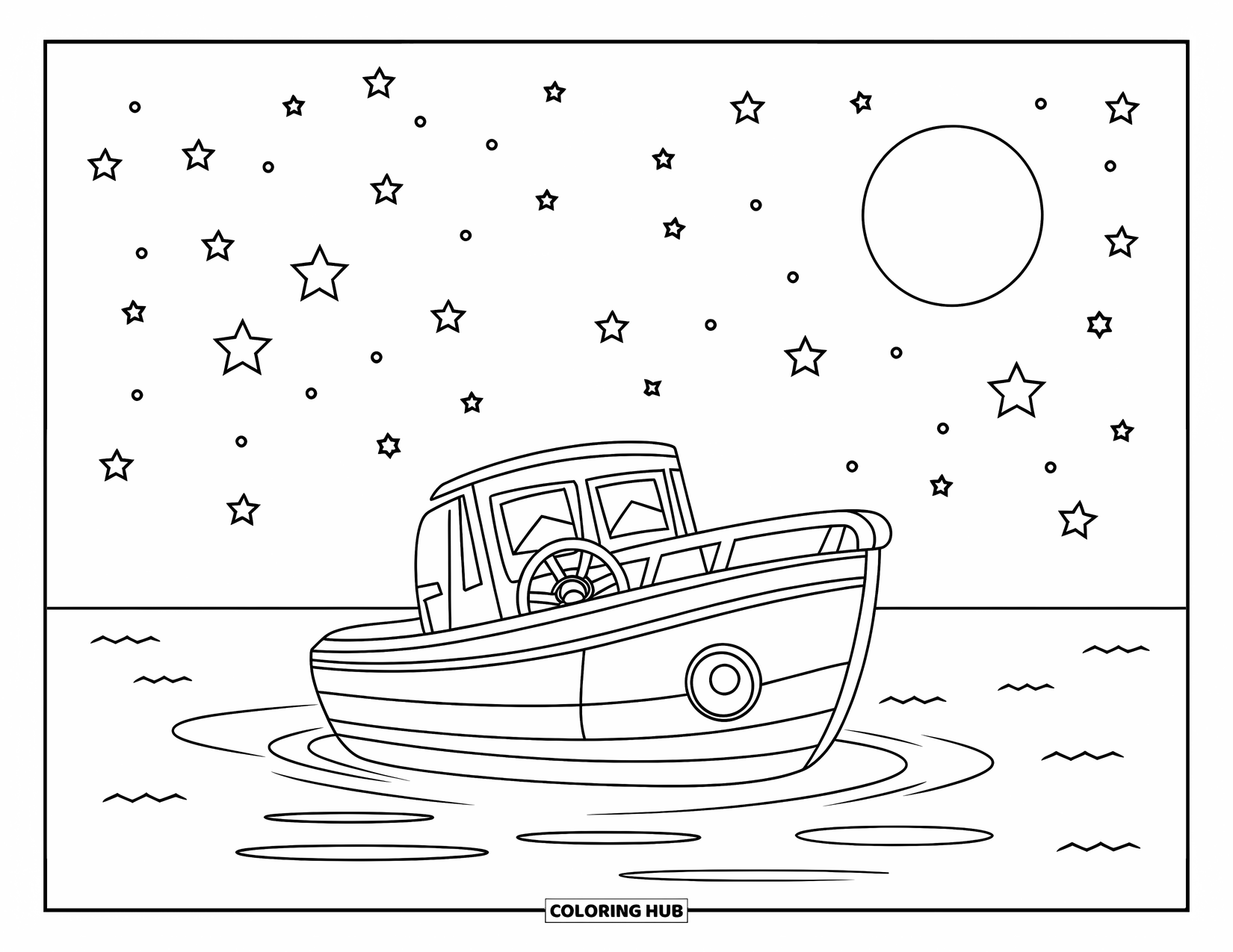 Night Sky Coloring Page for Kids: A playful boat with a tiny cabin floats peacefully under a sky full of stars