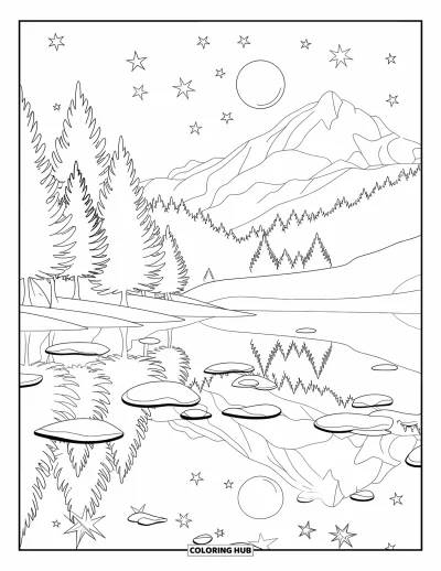 Coloriage du ciel nocturne pour enfants : Un lac tranquille sous les étoiles, bordé d'une forêt et d'une montagne au loin