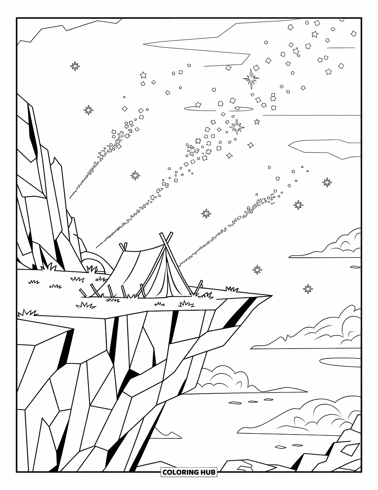 Night Sky Coloring Page for Kids: A quiet tent on rocky cliffs beneath a sky sprinkled with stars
