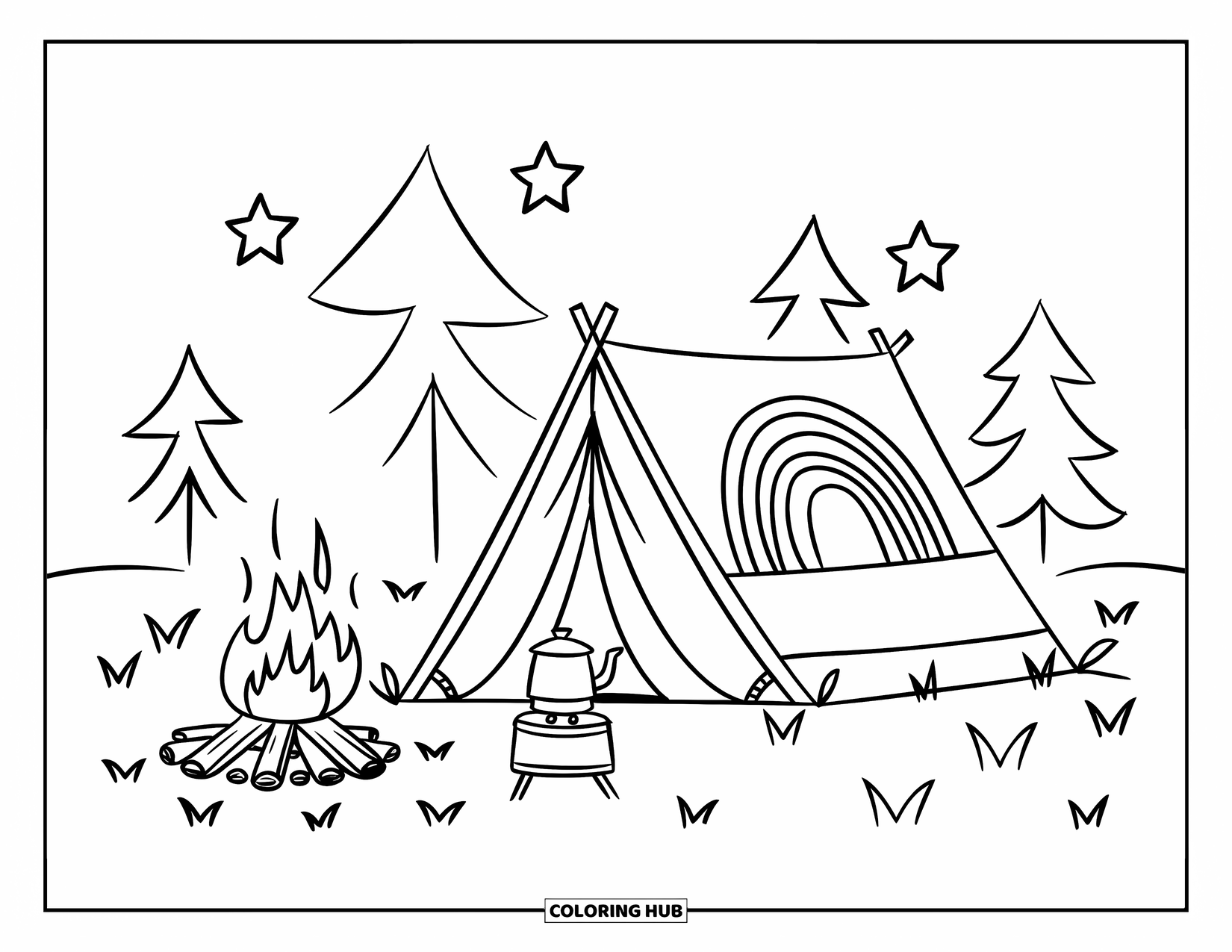 Night Sky Coloring Page for Kids: A rainbow tent glows beside a fire, with trees and stars all around