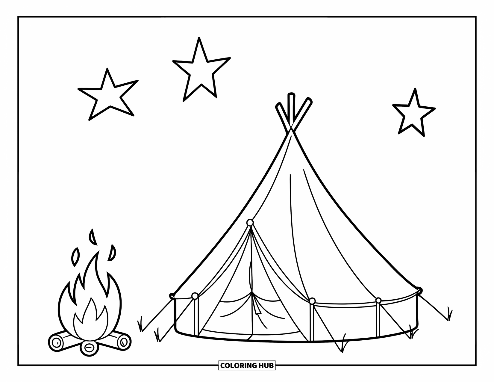 Night Sky Coloring Page for Kids: A round tent glows beside a campfire under a quiet starry sky