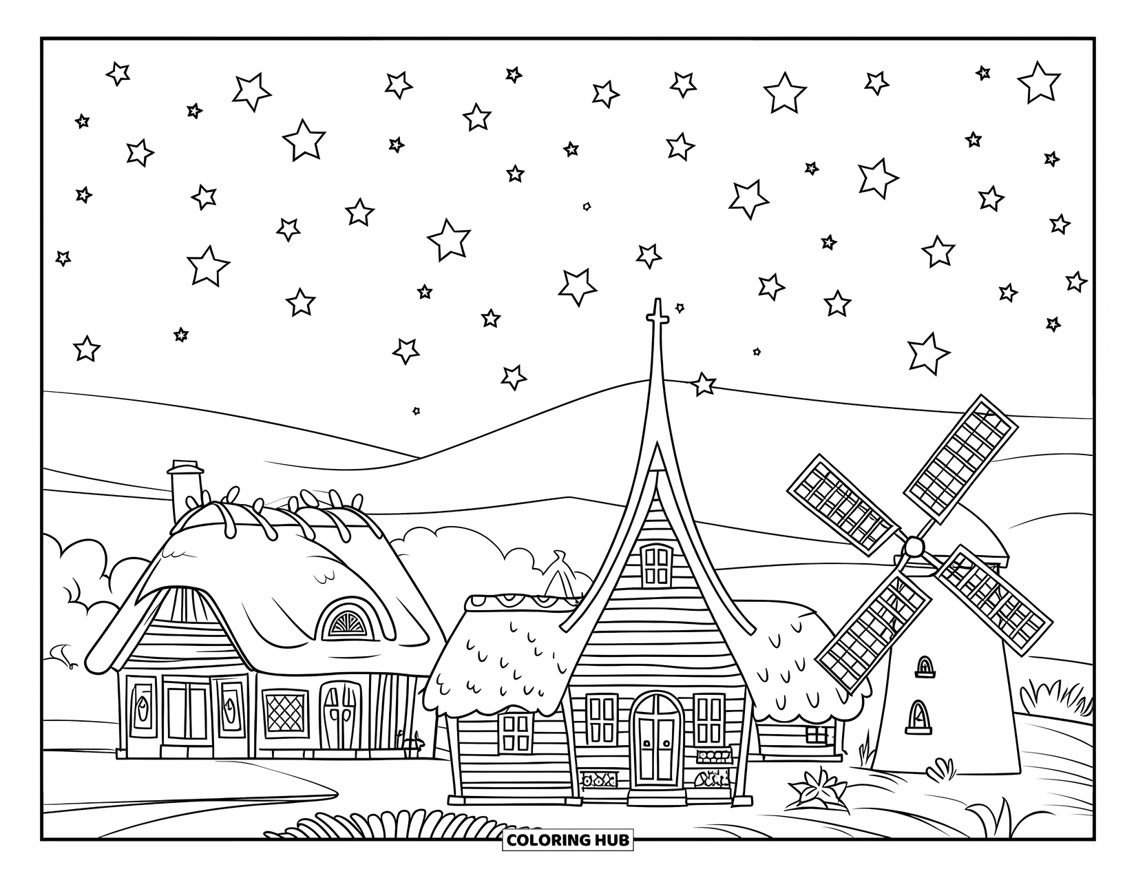 Night Sky Coloring Page for Kids: A small village sleeps under a sky full of twinkling stars