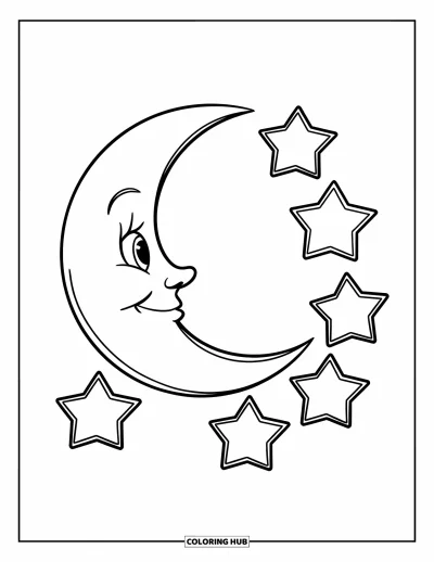 Coloriage du ciel nocturne pour enfants : Un croissant de lune souriant brille près de cinq étoiles dans un ciel simple