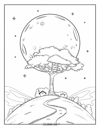 Coloriage du ciel nocturne pour enfants : Une lune souriante avec des cratères illumine une colline boisée et un chemin sinueux