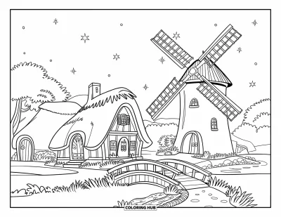Coloriage du ciel nocturne pour enfants : Un ruisseau traverse un village de petites maisons tandis que les étoiles illuminent la nuit
