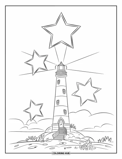 Coloriage du ciel nocturne pour enfants : Un grand phare avec un escalier en spirale brille sous des étoiles et des nuages légers