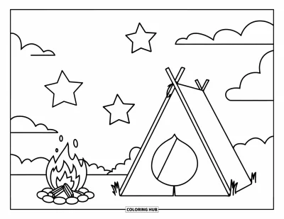 Coloriage du ciel nocturne pour enfants : Une tente et un feu de camp nichés sous trois étoiles joyeuses et des nuages légers