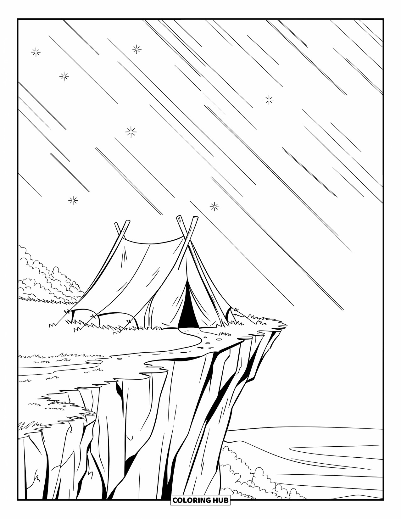Night Sky Coloring Page for Kids: A tent perched on a cliff glows under trails of stardust and stars